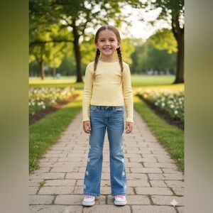 GAP Denim 70's Flare Jeans in Blue and Long - Sleveed T - Shirt in Yellow